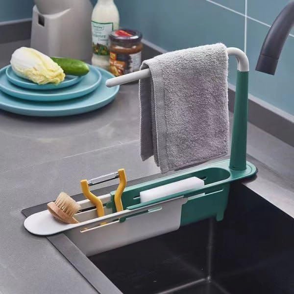Adjustable Kitchen Sink Storage Rack – Expandable Organizer with Towel Bar & Drain Basket
