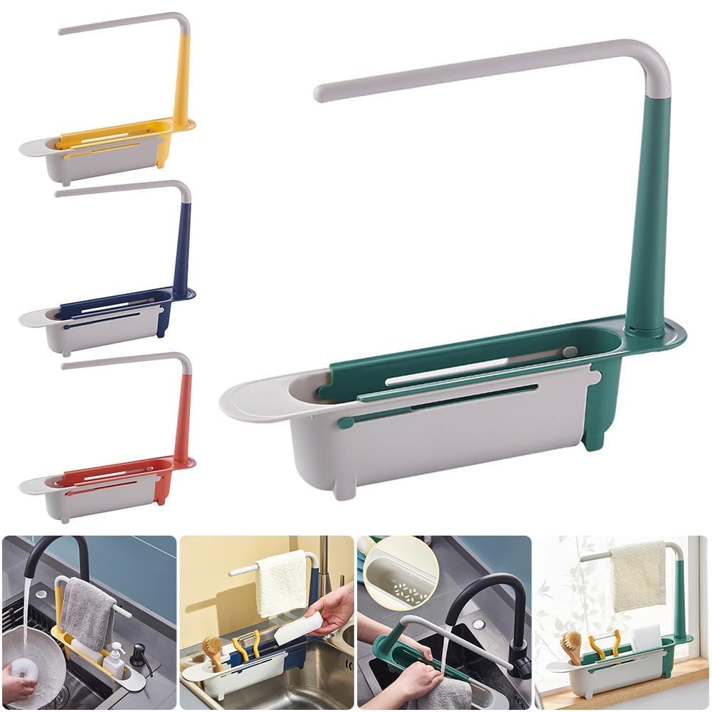 Adjustable Kitchen Sink Storage Rack – Expandable Organizer with Towel Bar & Drain Basket