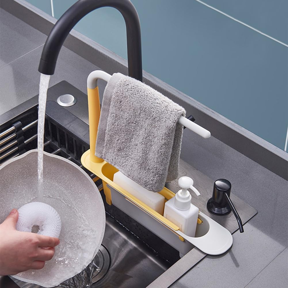 Adjustable Kitchen Sink Storage Rack – Expandable Organizer with Towel Bar & Drain Basket