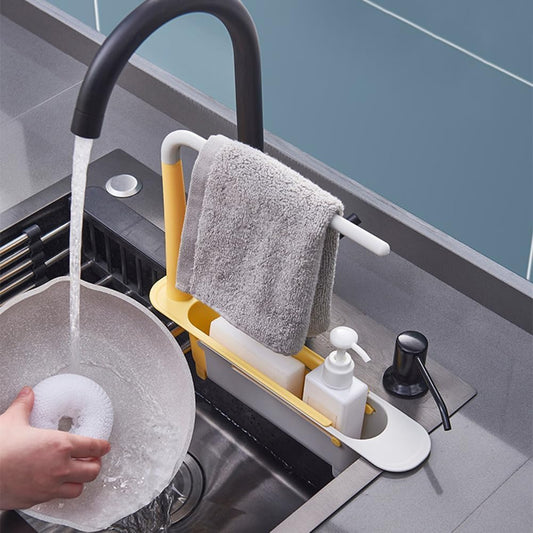 Adjustable Kitchen Sink Storage Rack – Expandable Organizer with Towel Bar & Drain Basket