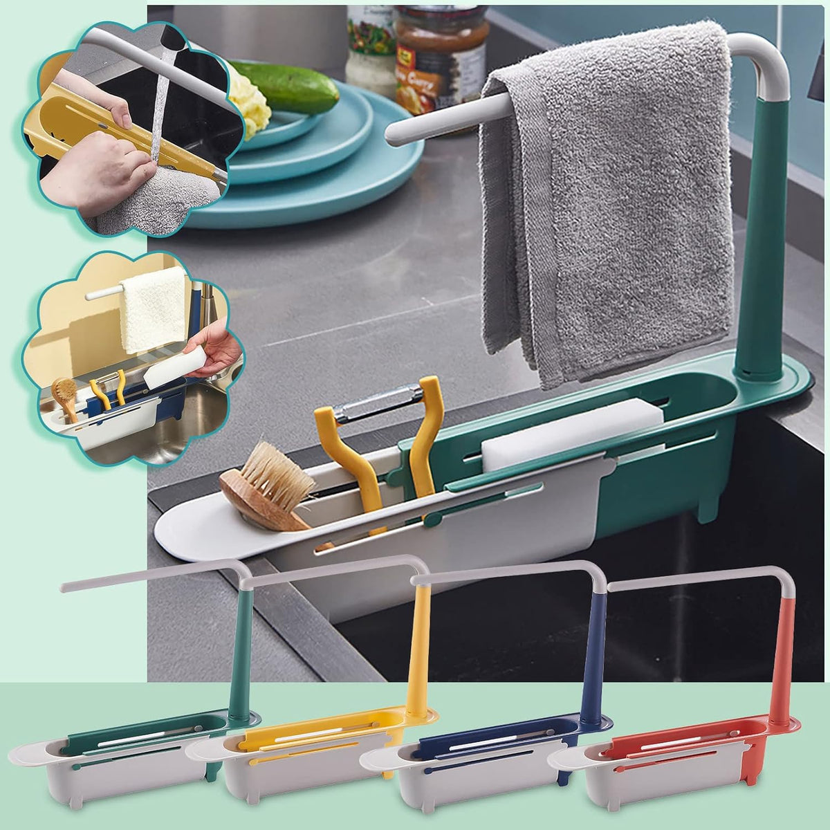 Adjustable Kitchen Sink Storage Rack – Expandable Organizer with Towel Bar & Drain Basket
