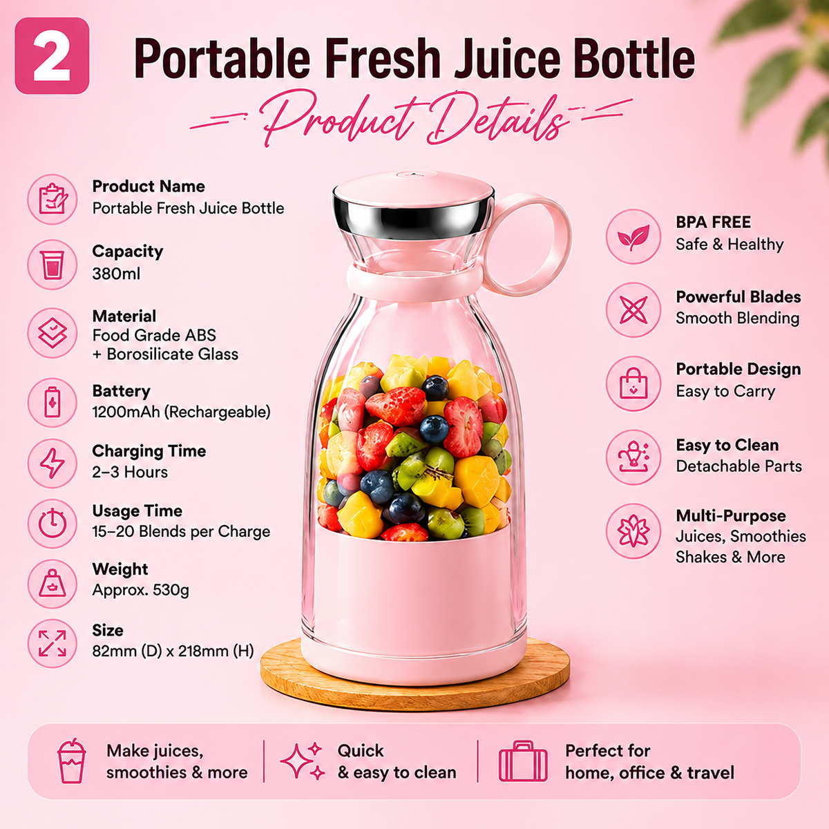 Portable Juicer Blender Bottle – Rechargeable Mini Fruit & Smoothie Maker